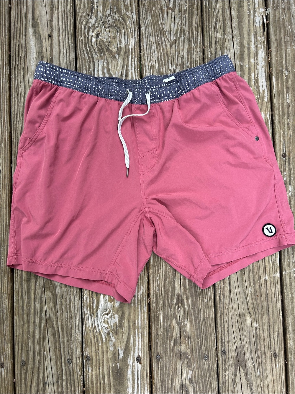 Vuori Pink Athletic Shorts with Contrast Navy Waistband